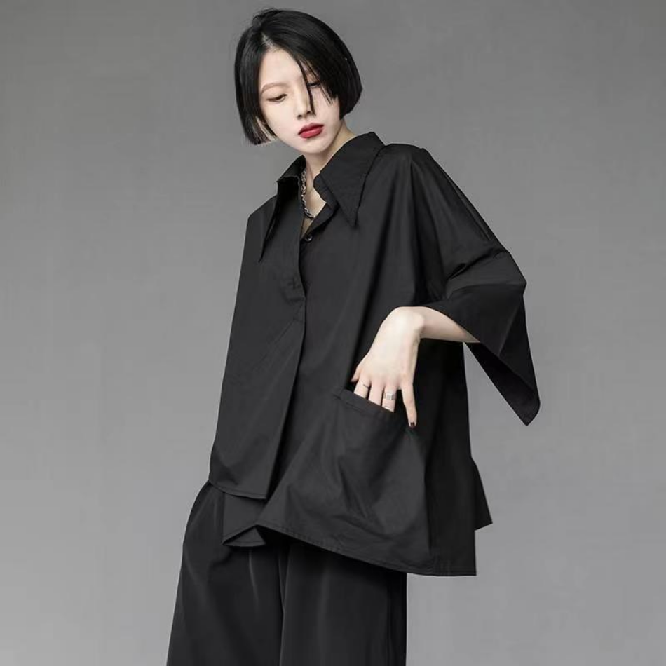 Come4buy.com-독특한 여성 블랙 화이트 셔츠 루즈 탑
