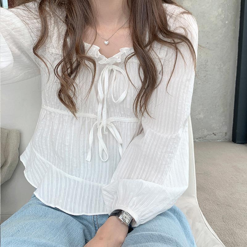 come4buy.com-Lněné bavlněné košilové topy Ležérní dívčí bílá halenka