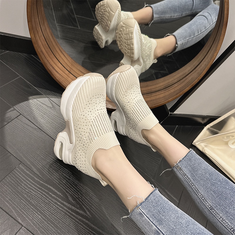 come4buy.com-Women Increasing Sneakers With Rhinestone Wedges