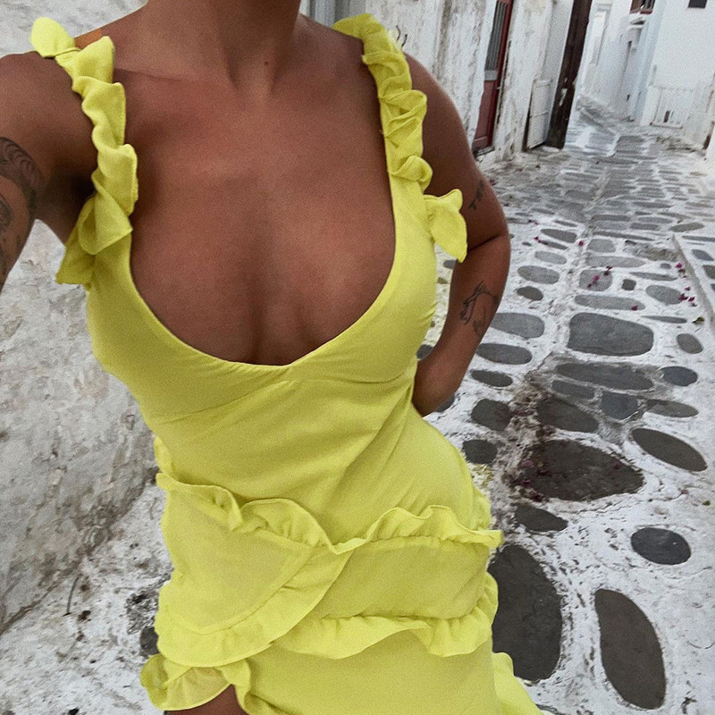 come4buy.com-Κίτρινα βολάν Κομψά μακριά μίντι φορέματα για πάρτι