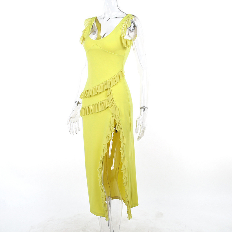 come4buy.com-Kuning Ruffles Elegant Long Party Midi Dresses
