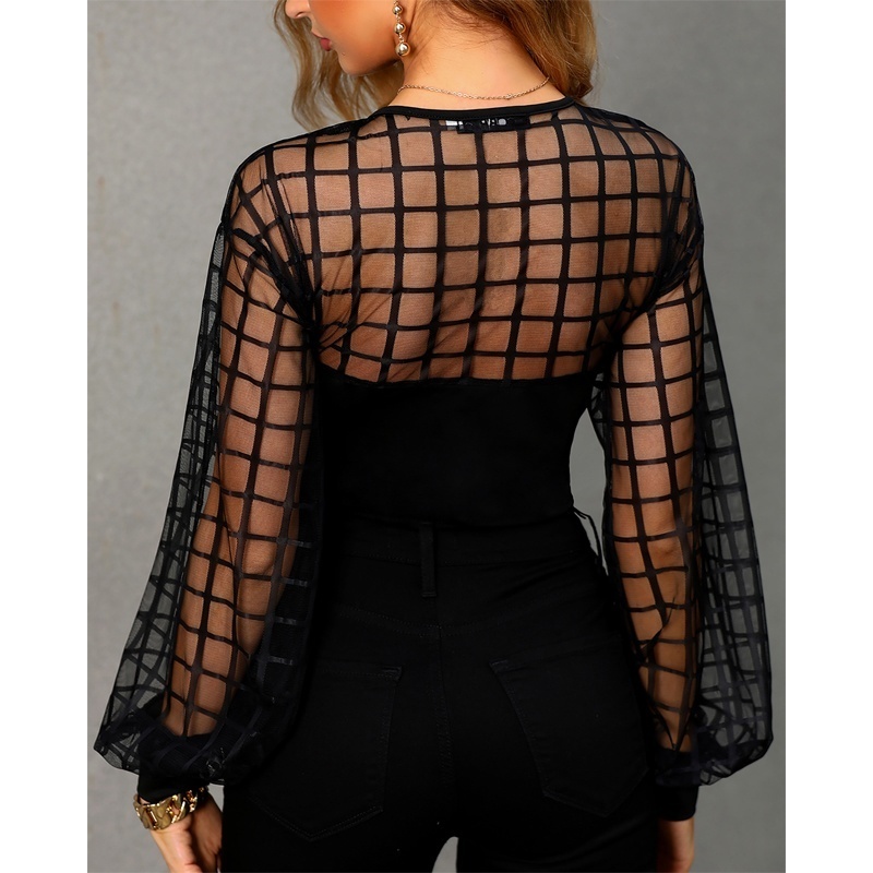 come4buy.com-Women Sexy See-through Grid Mesh Black Lace Tops