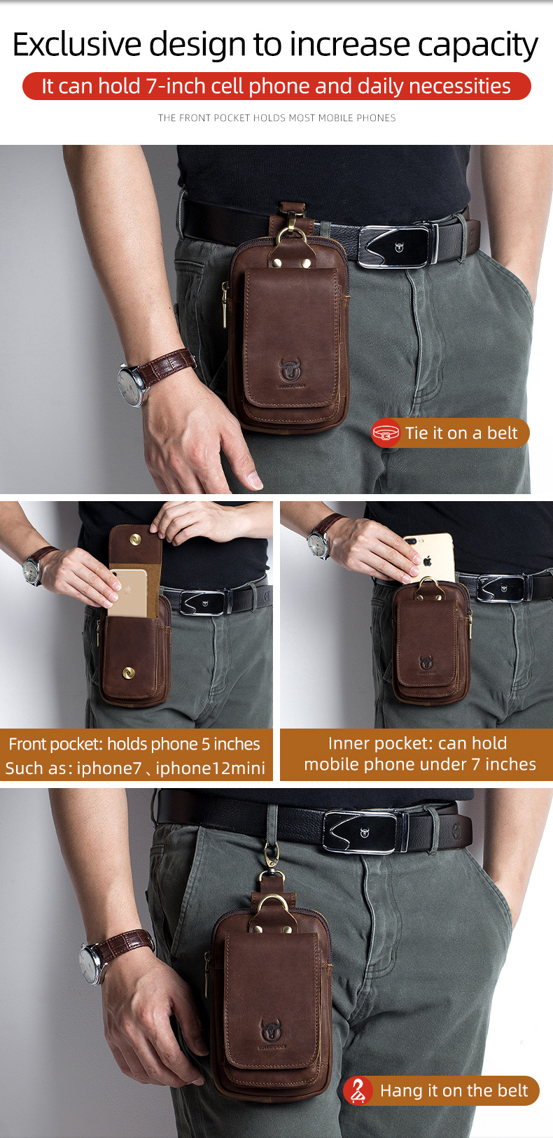 come4buy.com-Quality Leather 7 inch Phone Pouch Waist Belt Bag