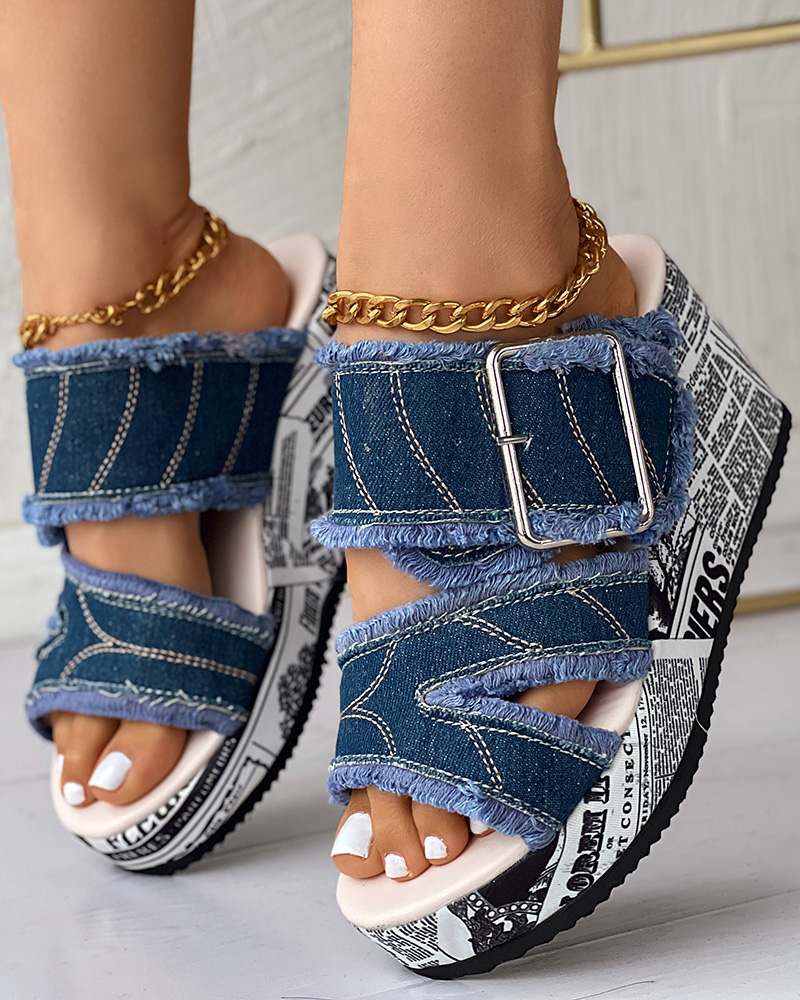 come4buy.com-Fashion Buckle Denim Wedge Slippers Sandals