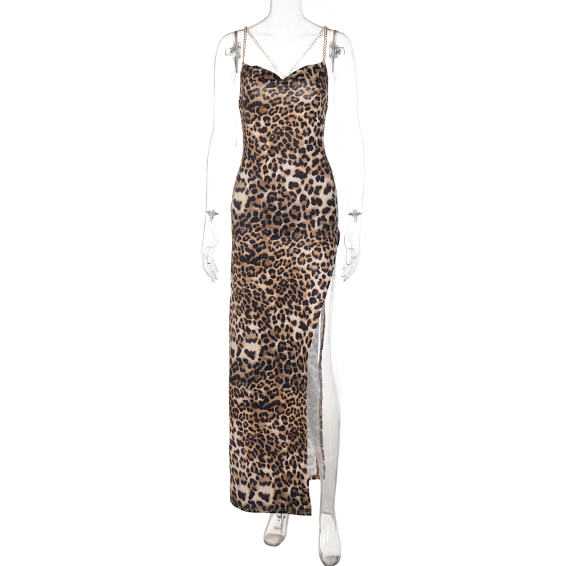 come4buy.com-Women Chain Strap Side Slit Pardus Print Maxi Dress