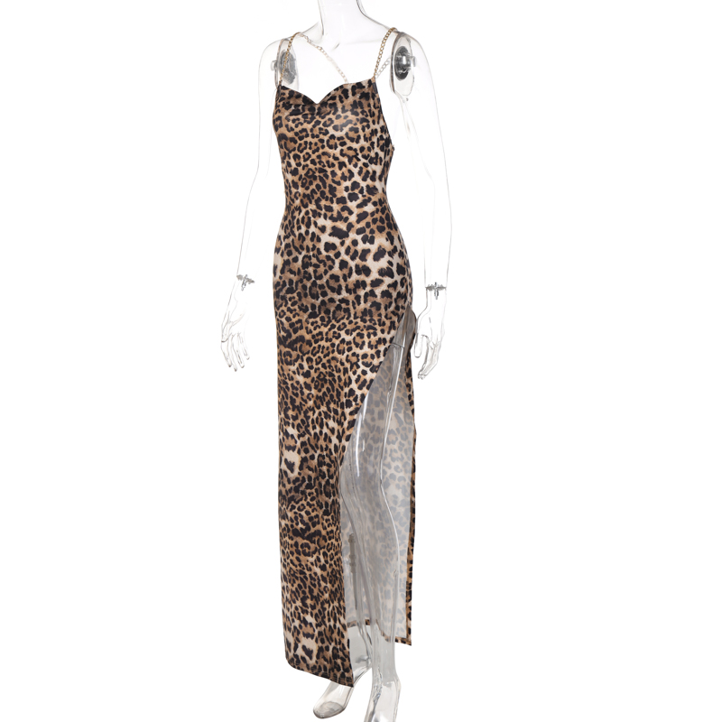 come4buy.com-Կանացի շղթայով ժապավենի կողային բացվածքով ընձառյուծի պրինտ մաքսի զգեստ
