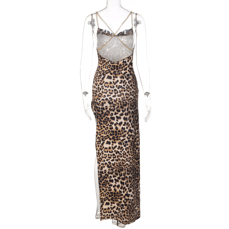 come4buy.com-Women Chain Strap Side Slit Leopard Print Maxi Dress