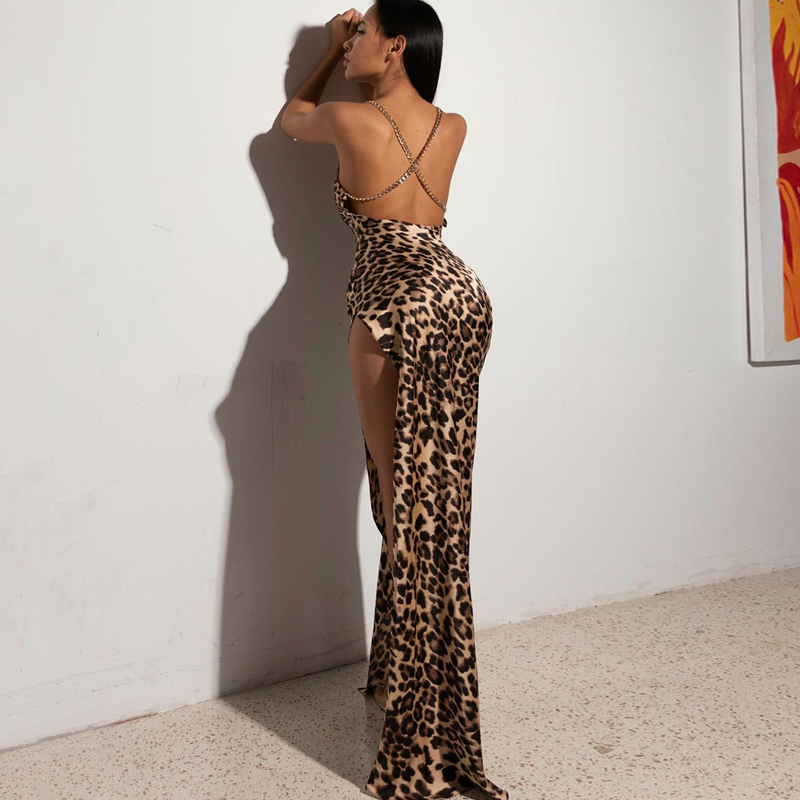 come4buy.com-Women Chain Strap Side Slit Leopard Print Maxi Dress