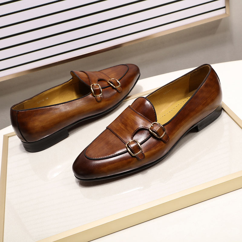 come4buy.com-Men Loafers Leather Monk Strap Shoes