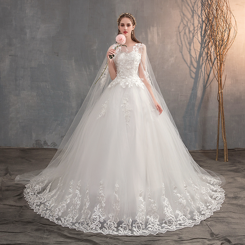 come4buy.com-Wedding Dress With Long Cap Lace Princess Bridal Dress