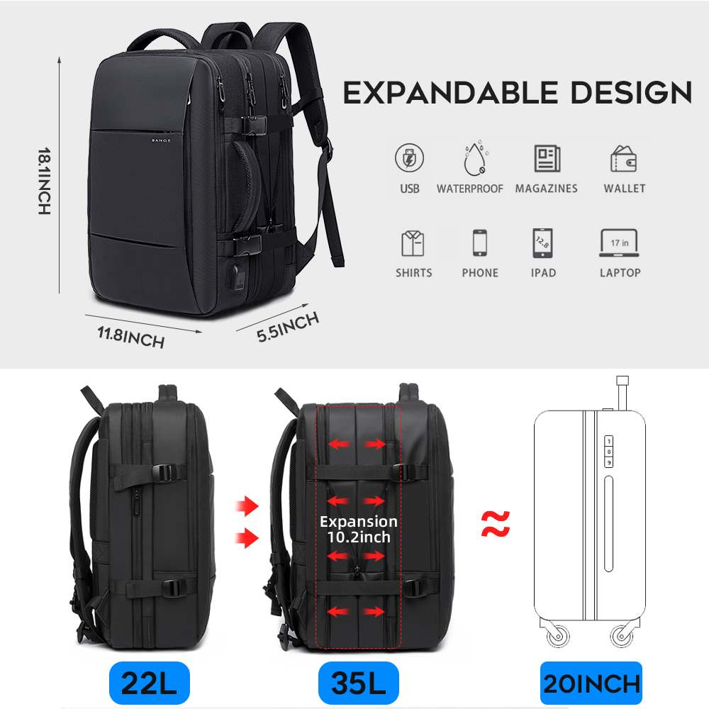 come4buy.com-Expandable Backpack Large Capacity Black Travel Bag
