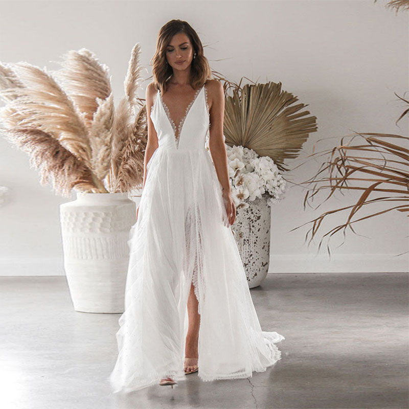 come4buy.com-Woman White Split V Neck Maxi Slip Dress