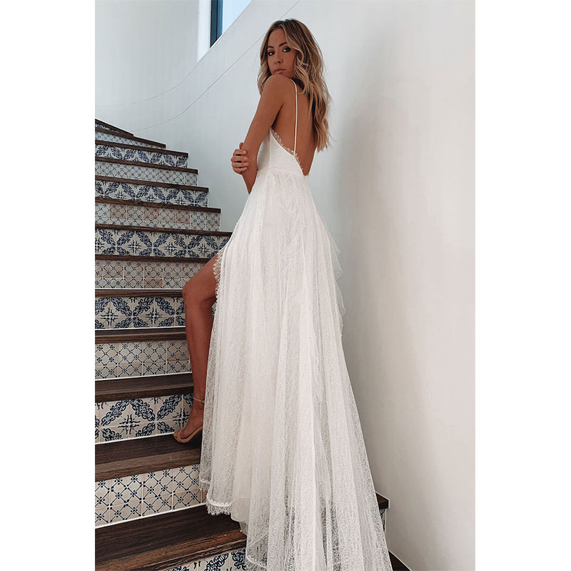 come4buy.com-Woman White Split V Neck Maxi Slip Dress
