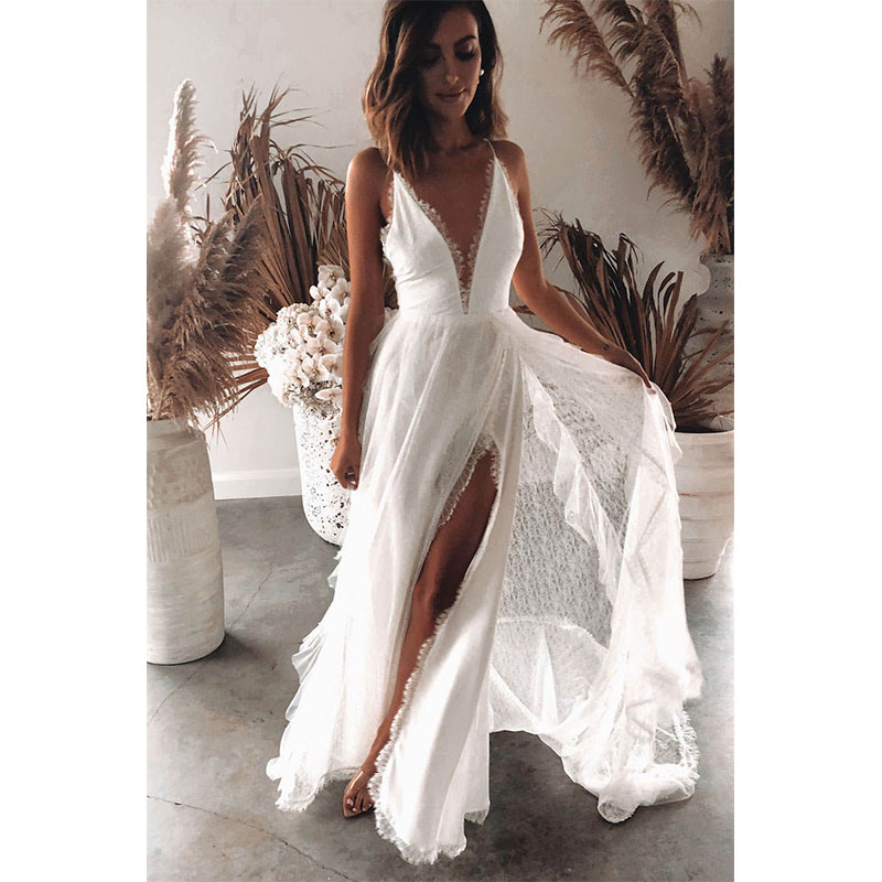 Come4buy.com-Женское белое платье-комбинация с V-образным вырезом и разрезом