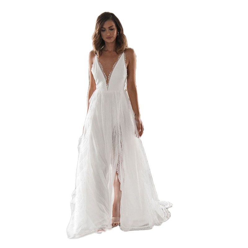 come4buy.com-Dress Maxi Slip V-Neck Wanita dengan Belahan Putih