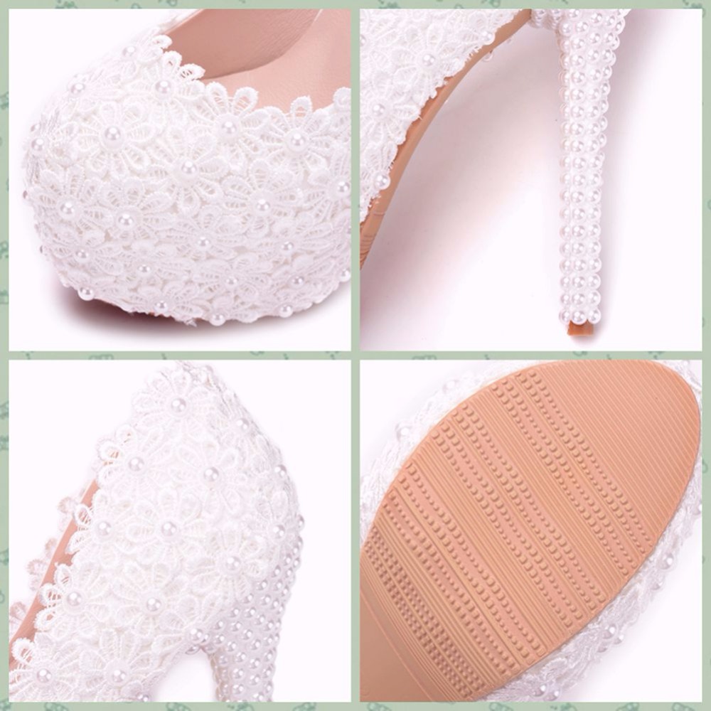 come4buy.com-Women Flower Lace Pearl Wedding Shoes 14cm