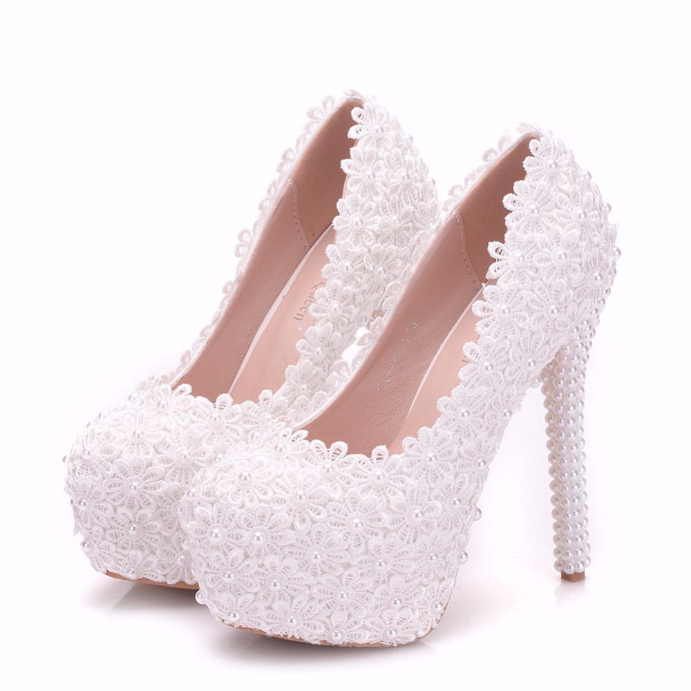 come4buy.com-Women Flower Lace Pearl Wedding Shoes 14cm