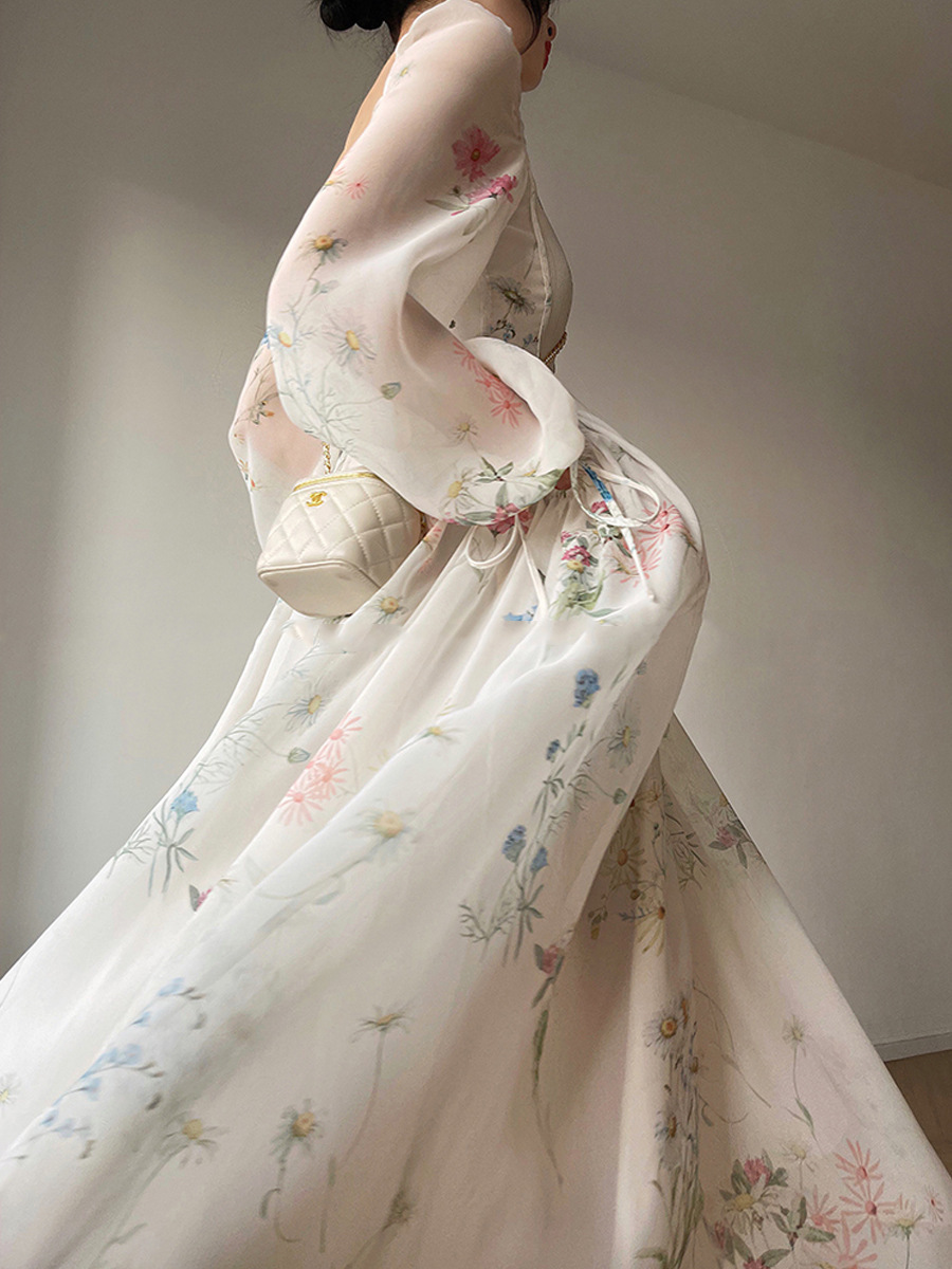 come4buy.com-Kobieta Szyfonowa sukienka midi z długim rękawem i odkrytymi ramionami