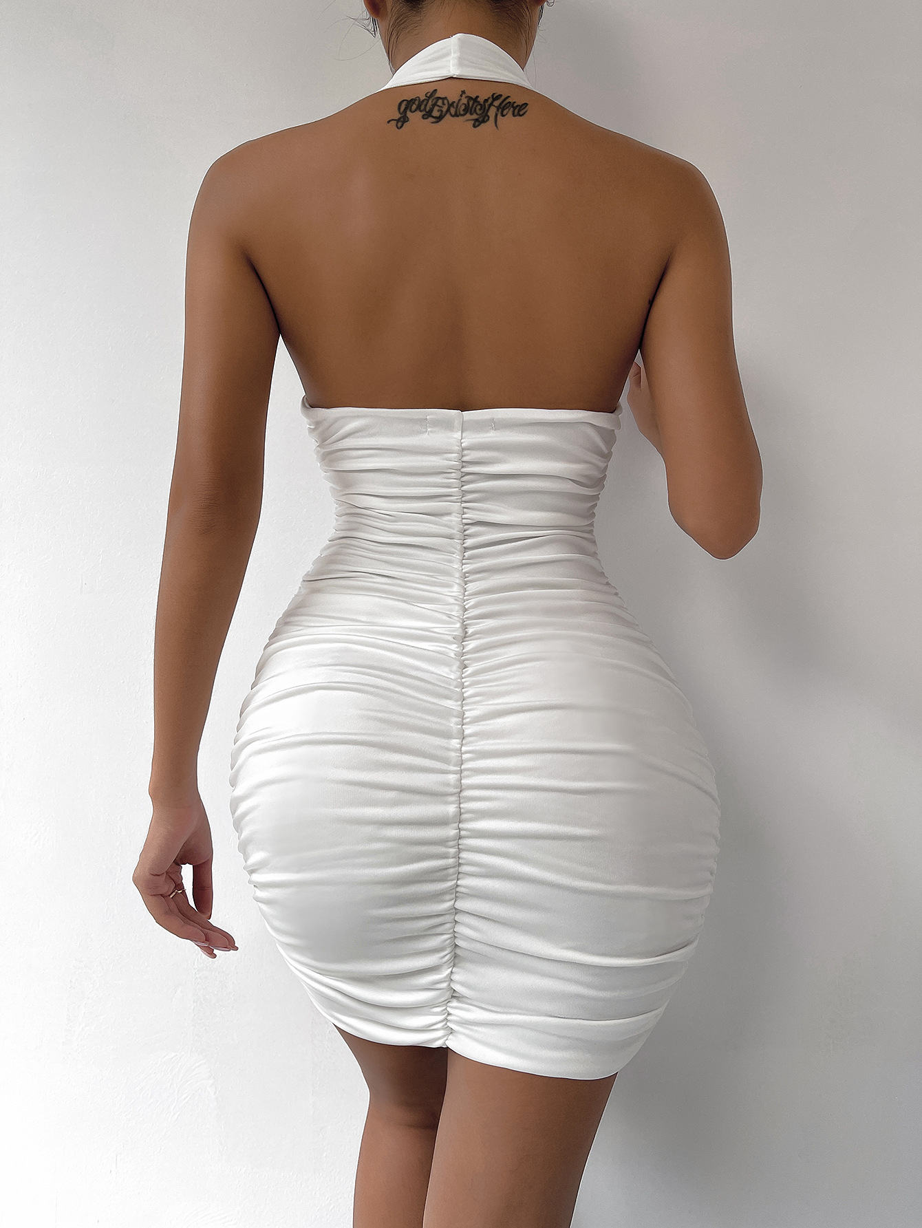 Come4buy.com-セクシー ラッフル V ディープ ホワイト ホルター ミニ ドレス