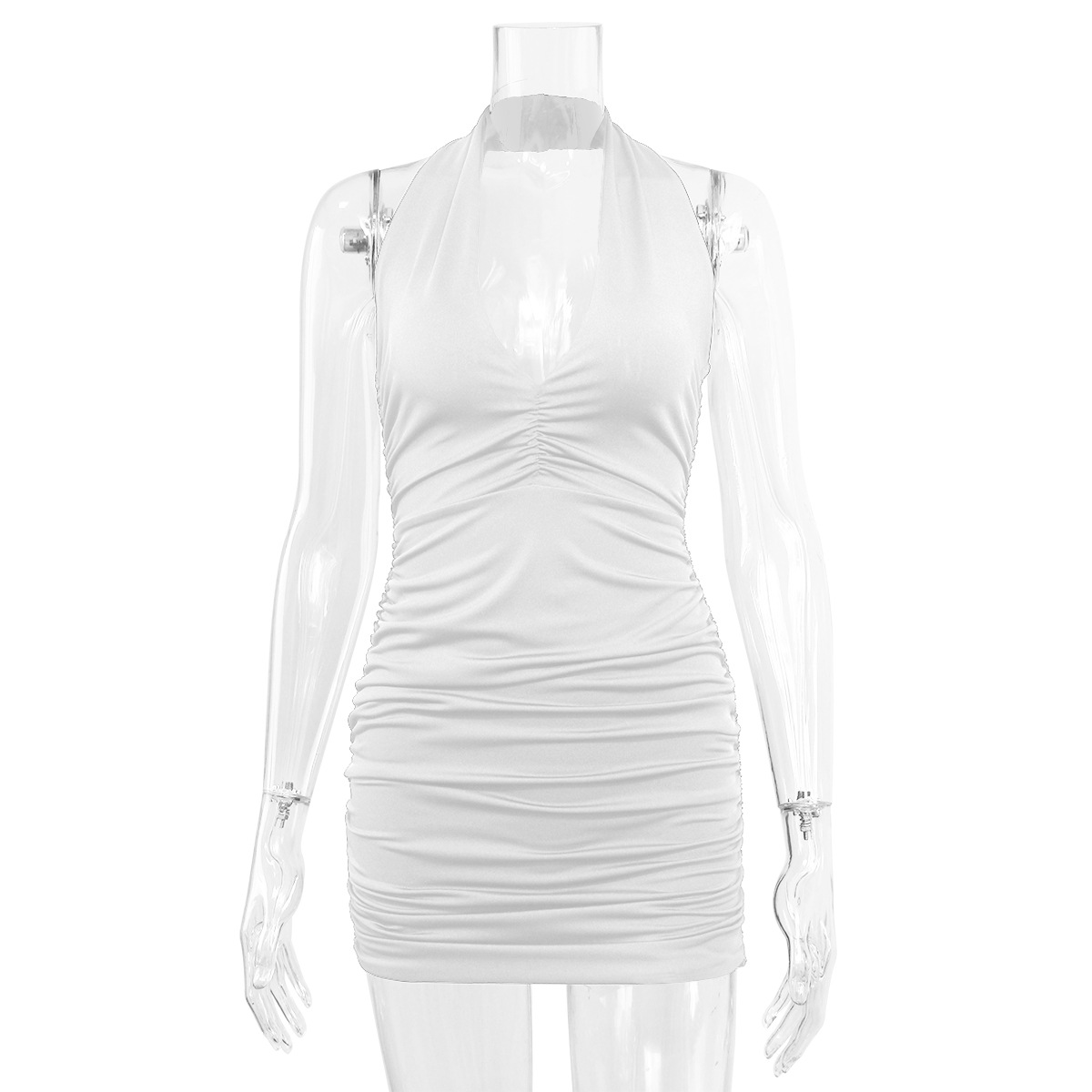 come4buy.com-Sexy Ruffle V Deep White Halter մինի զգեստներ