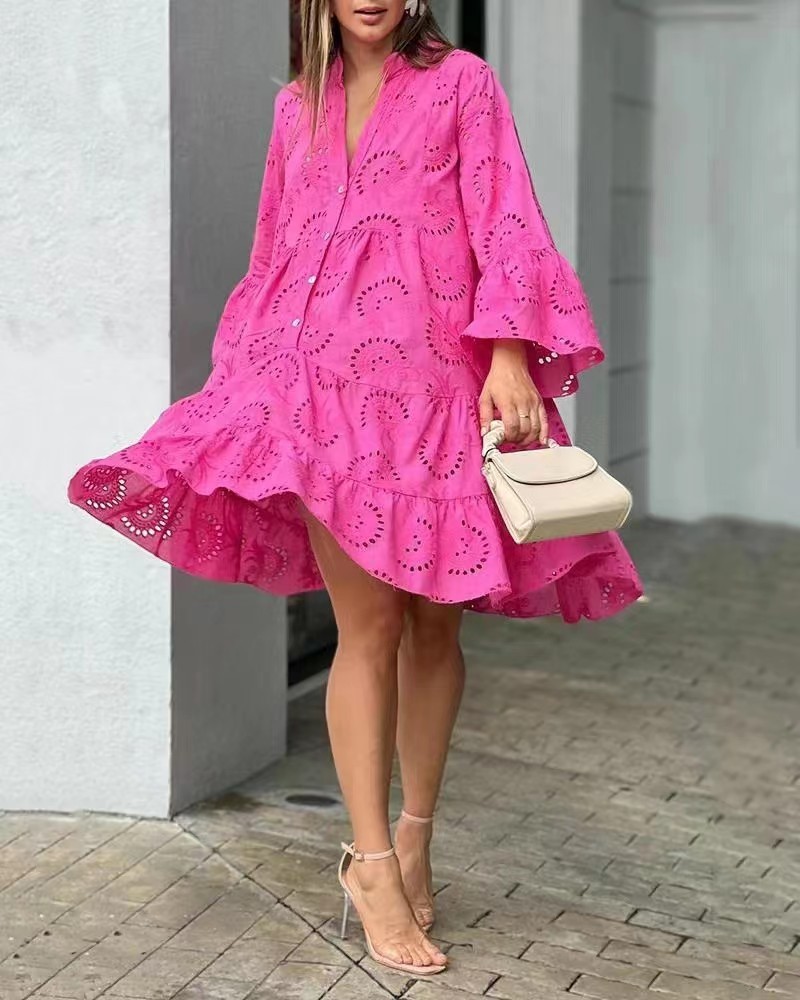 come4buy.com-Elegante vintage effen kanten jurk met V-hals