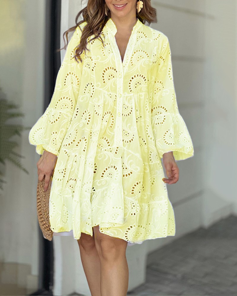 come4buy.com-Elegante vintage effen kanten jurk met V-hals
