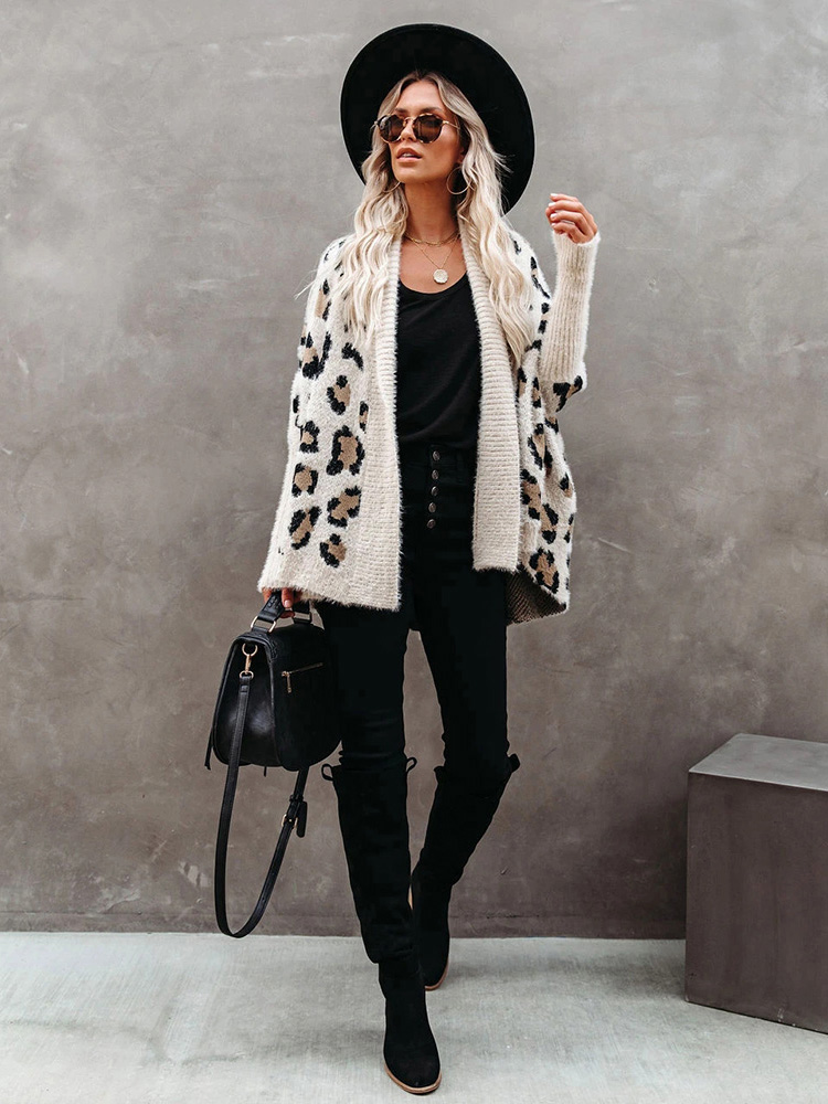 come4buy.com-Fuzzy Leopard Batwing Sleeve Oversized Sweaters