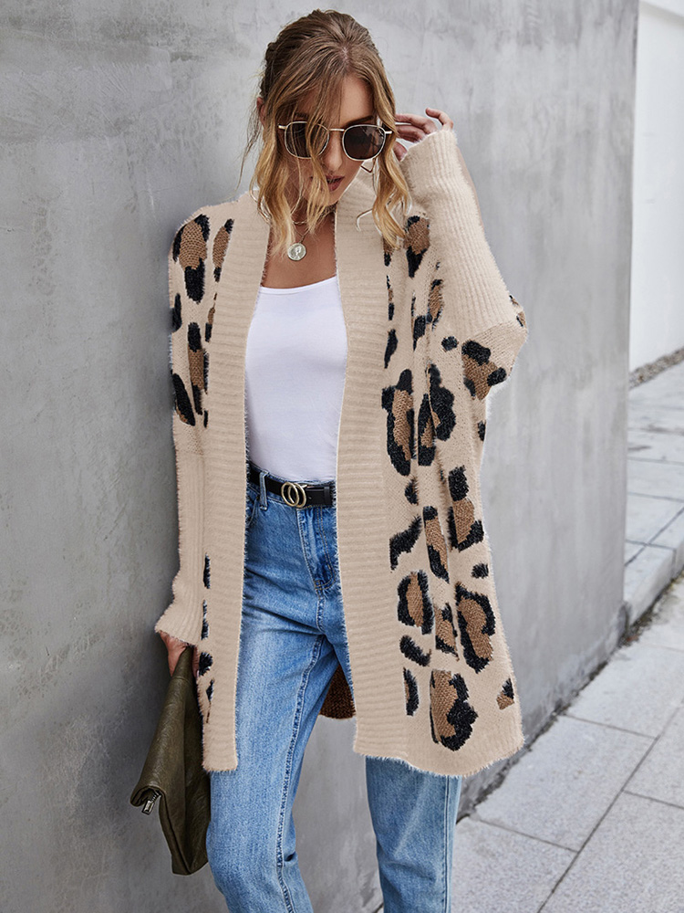 come4buy.com-Fuzzy Leopard Batwing Sleeve Oversized Sweater
