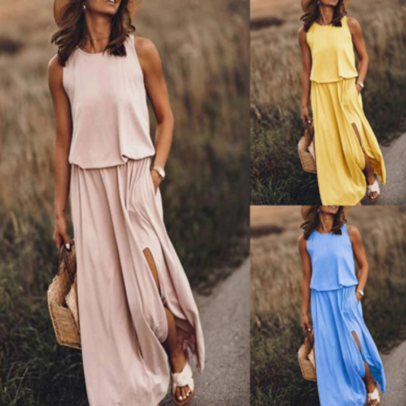 come4buy.com-Повсякденна суцільна кольорова сукня без рукавів із круглим вирізом і розрізами