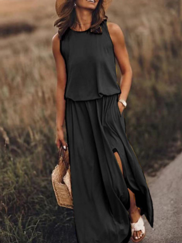 come4buy.com-Обичен фустан во еднобојна боја со шлиц без ракави