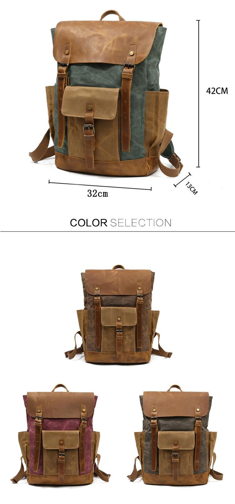 come4buy.com-Oil Wax Canvas Cow Leather Backpacks Unisex