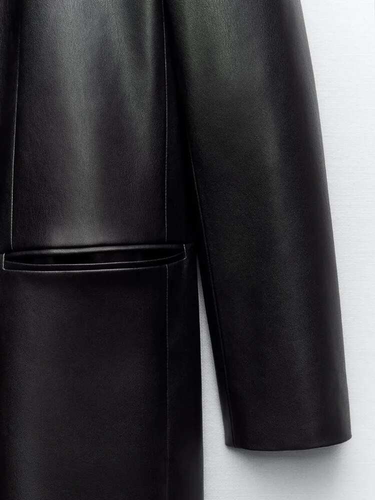 come4buy.com-Dotjerane jakne za žene Crni kaput od umjetne kože