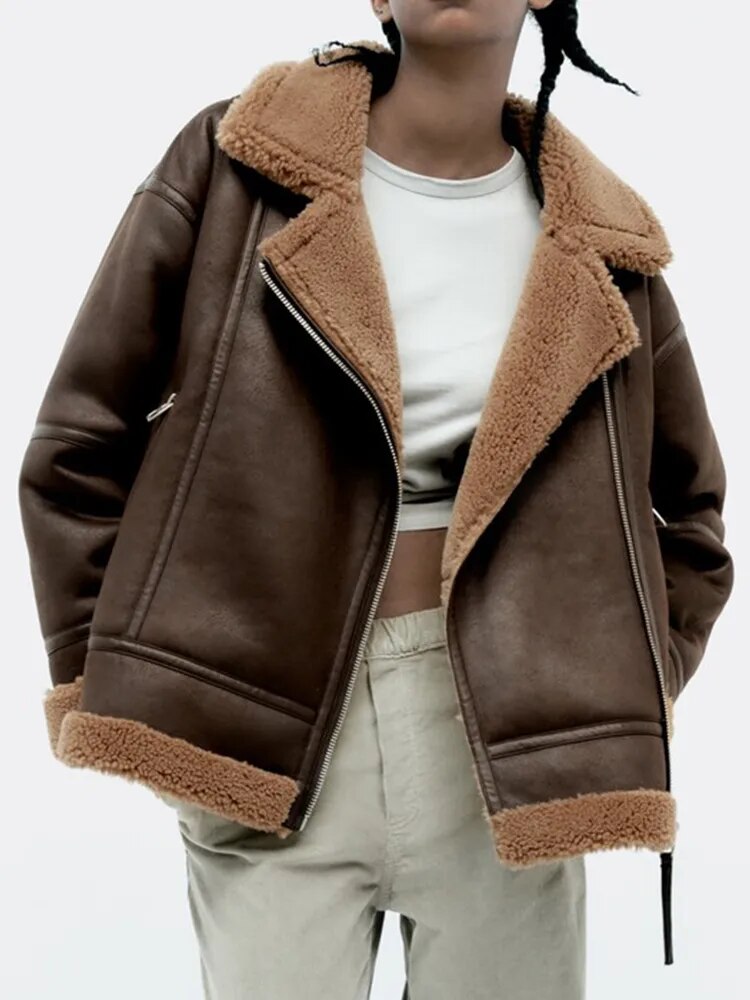 come4buy.com-Smeđa debela topla jakna od umjetne kože s patentnim zatvaračem