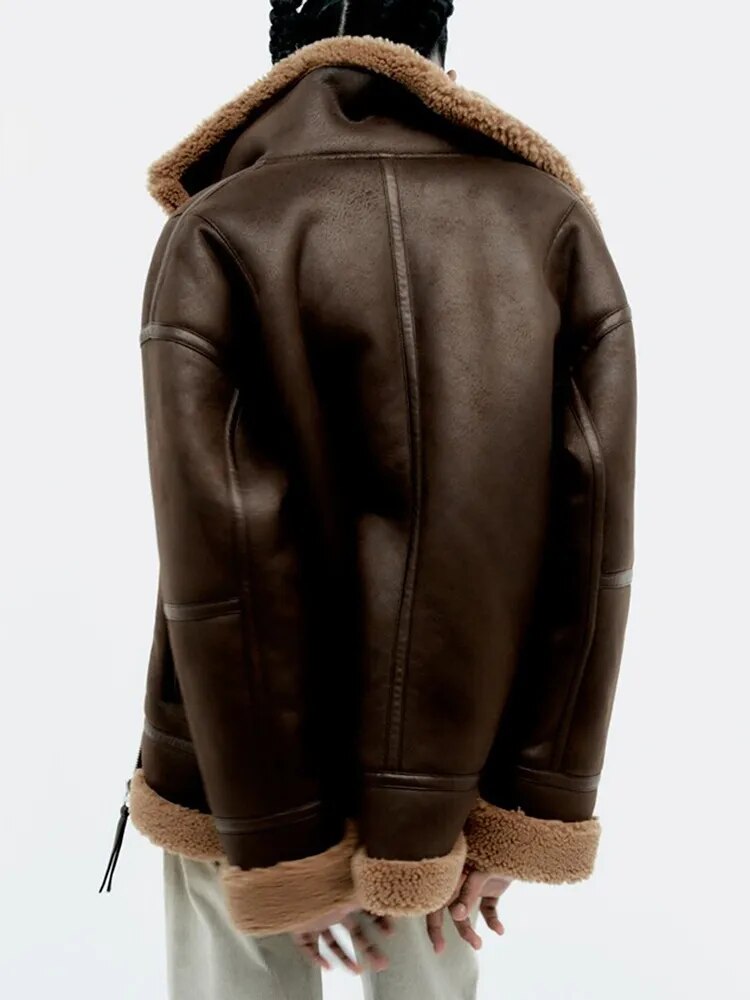 come4buy.com-Brown Thick Warm Lapel Zipper Faux Leather Jacket