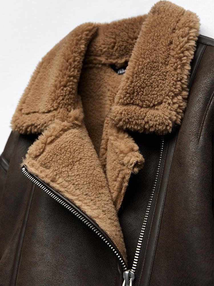 come4buy.com-Brown Thick Warm Lapel Zipper Faux Leather Jacket