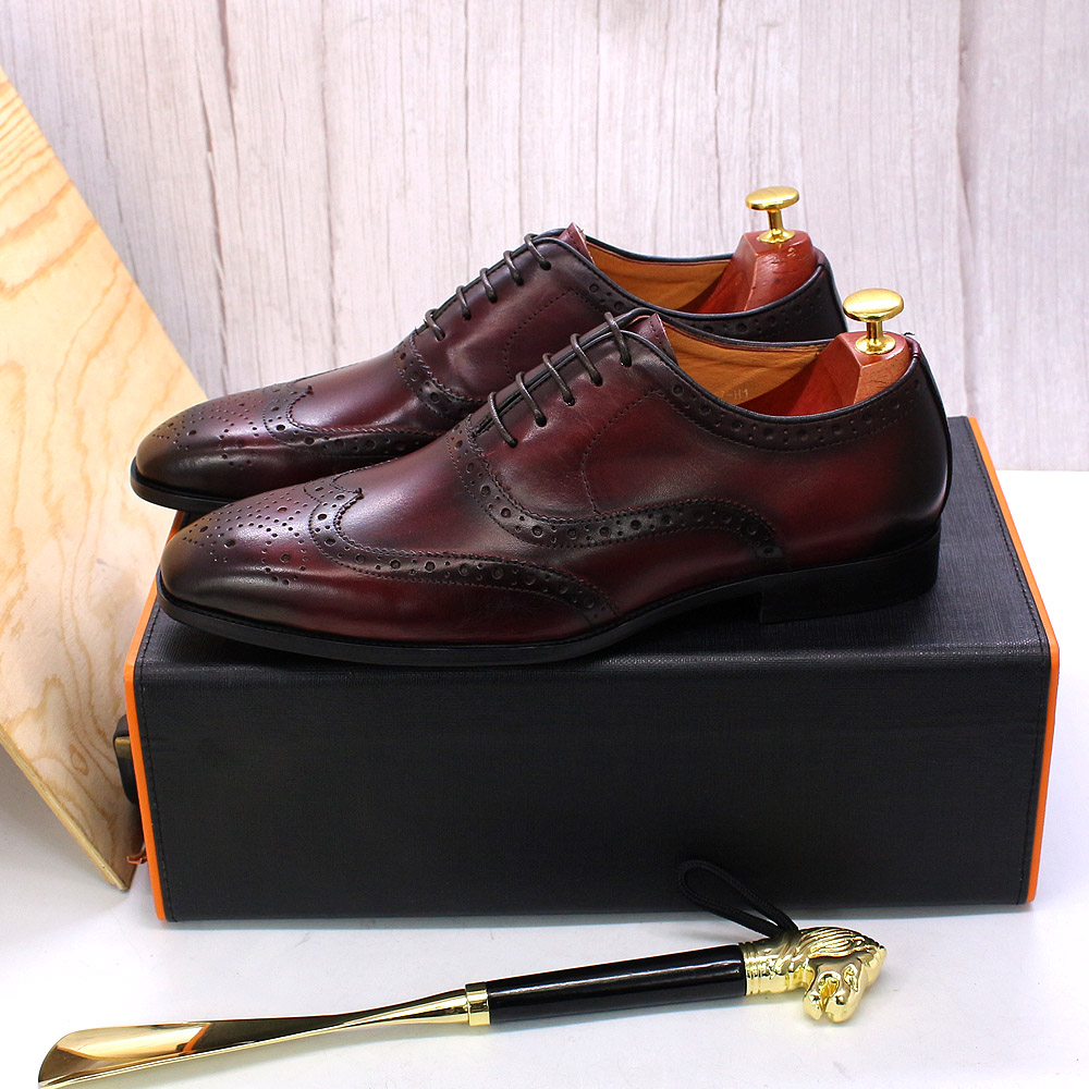 come4buy.com-Genuine Calfskin Leather Men Purple Wingtip Oxford Shoes