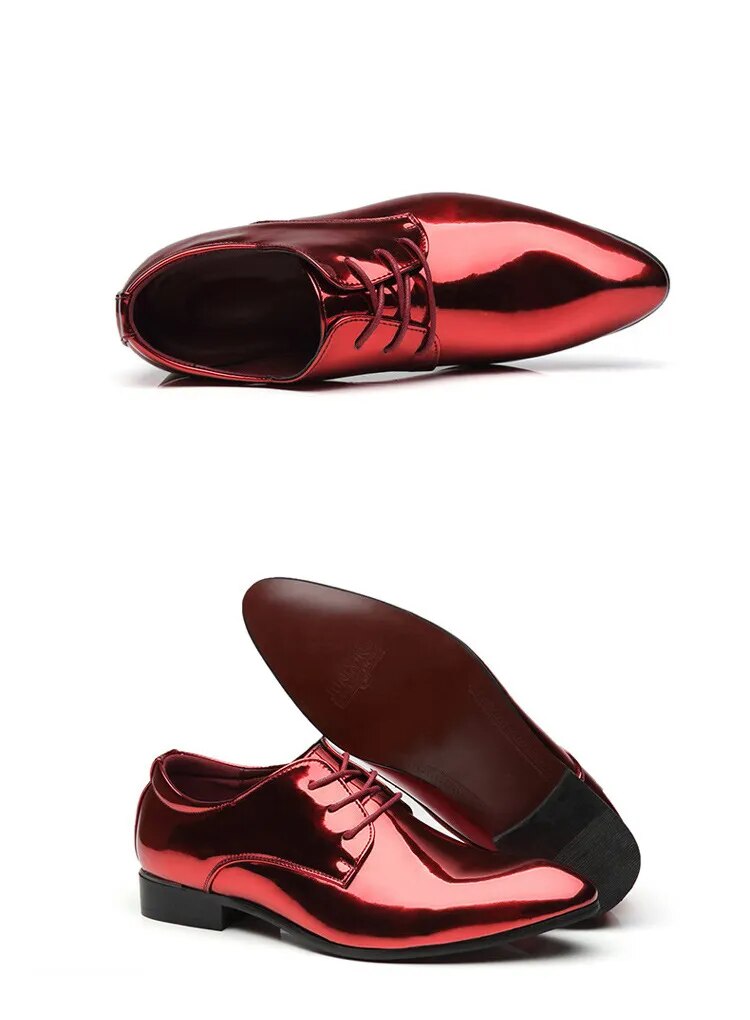 come4buy.com - Sapatos de festa masculinos de couro sintético brilhante e rasos Oxfords