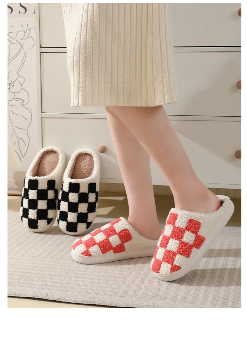 come4buy.com-Check Pattern Indoor Warm Plush Slippers