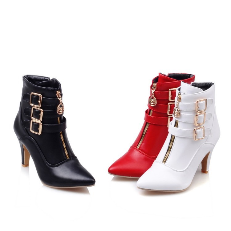 come4buy.com-Women Ankle Boots Pointed Toe Buckle Boots Zip White