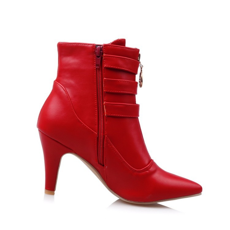 come4buy.com-Women Ankle Boots Pointed Toe Buckle Boots Zip White