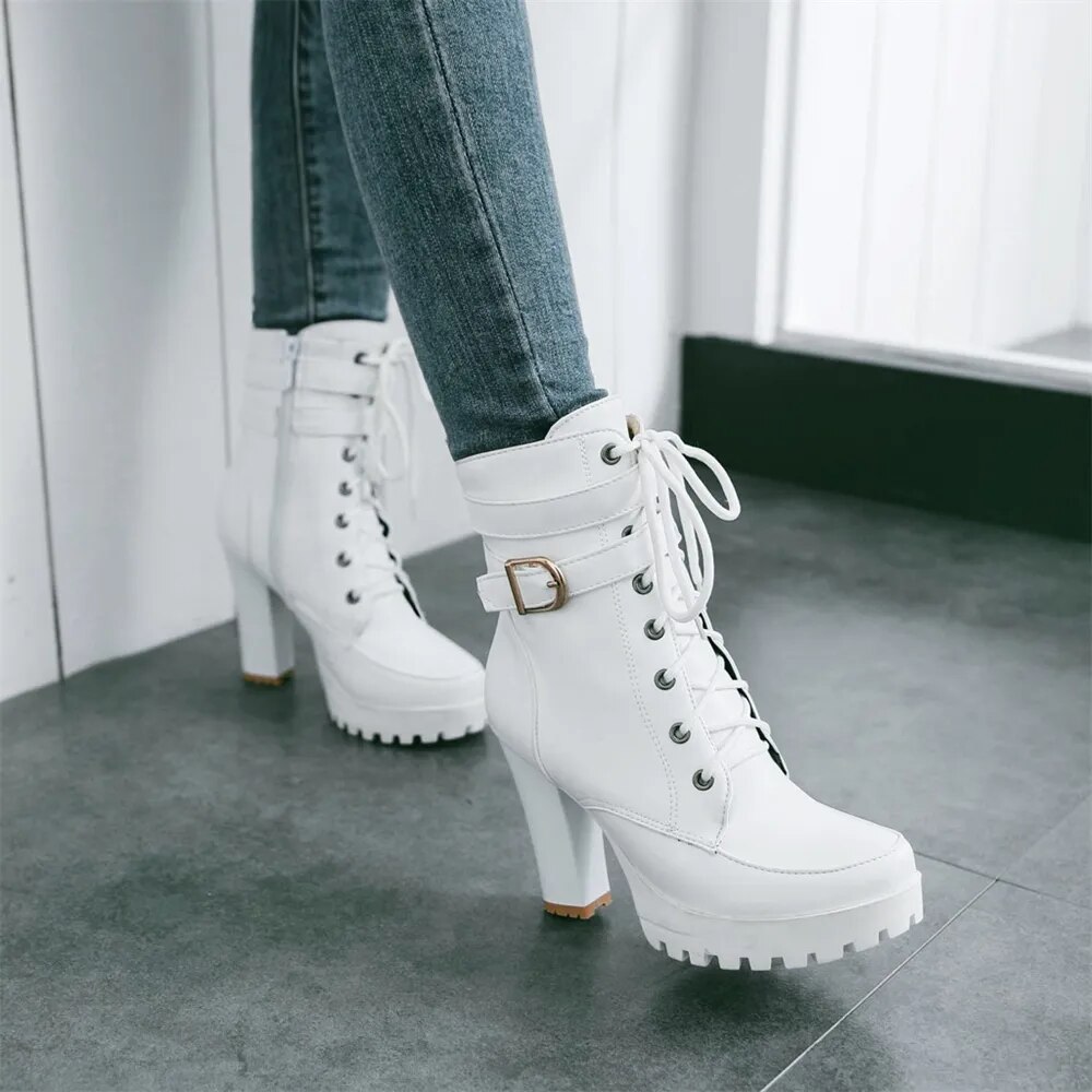 come4buy.com-Women Boots  Lace-up Thick-heeled Platform White Boots