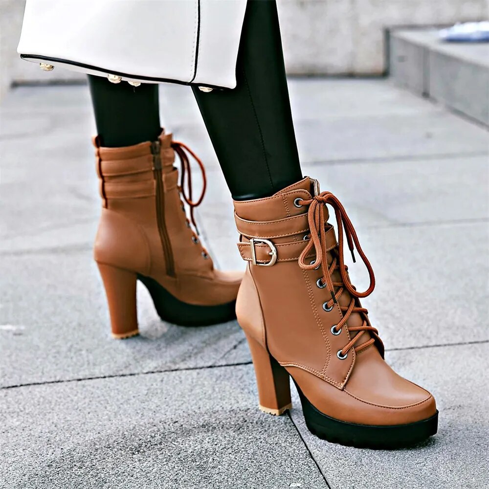 come4buy.com-Women Boots  Lace-up Thick-heeled Platform White Boots