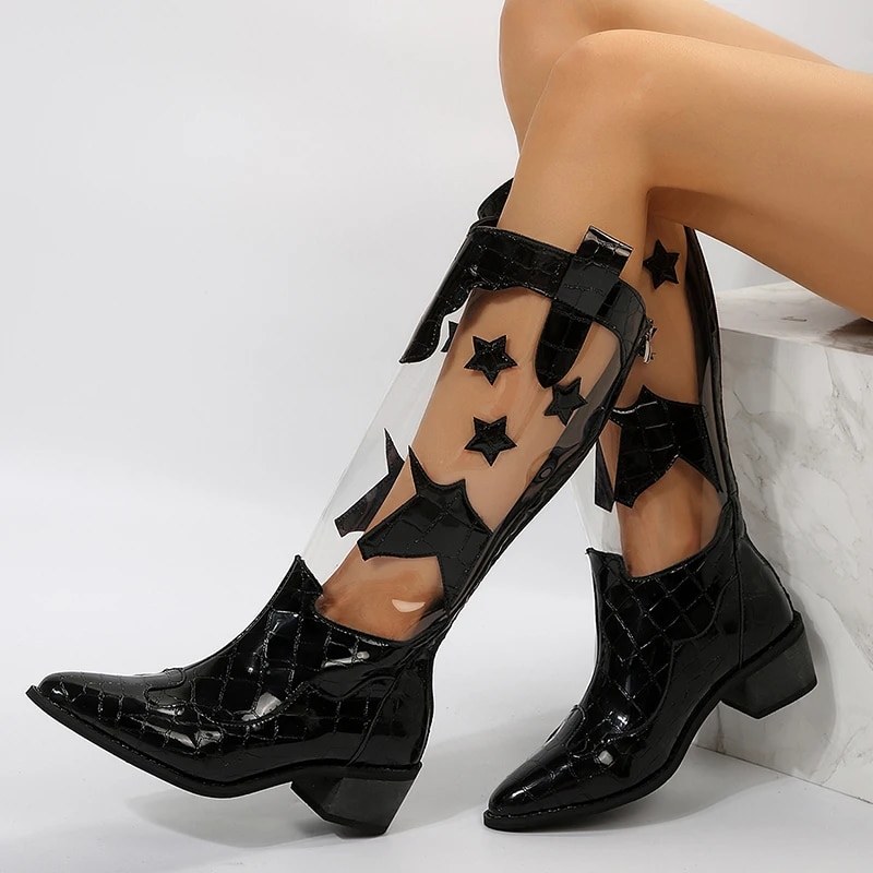 come4buy.com-Эмэгтэйчүүдэд зориулсан загварлаг, загварлаг тунгалаг өвдөгний өндөр гутал