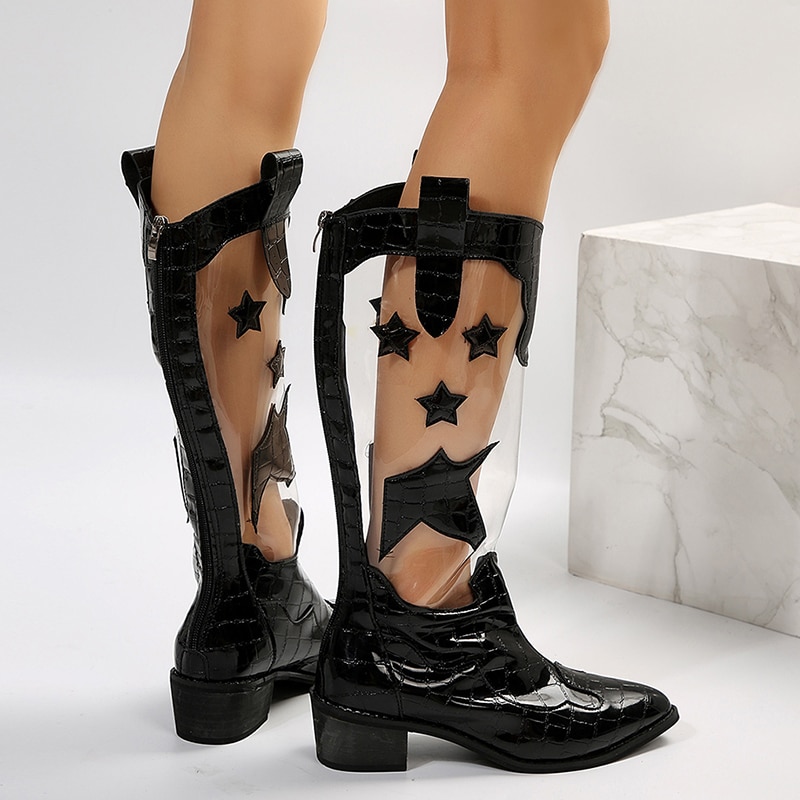 come4buy.com-Эмэгтэйчүүдэд зориулсан загварлаг, загварлаг тунгалаг өвдөгний өндөр гутал