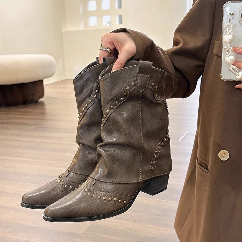 come4buy.com-Vintage Rivets Cowboy Booties PU Leather Boots for Women
