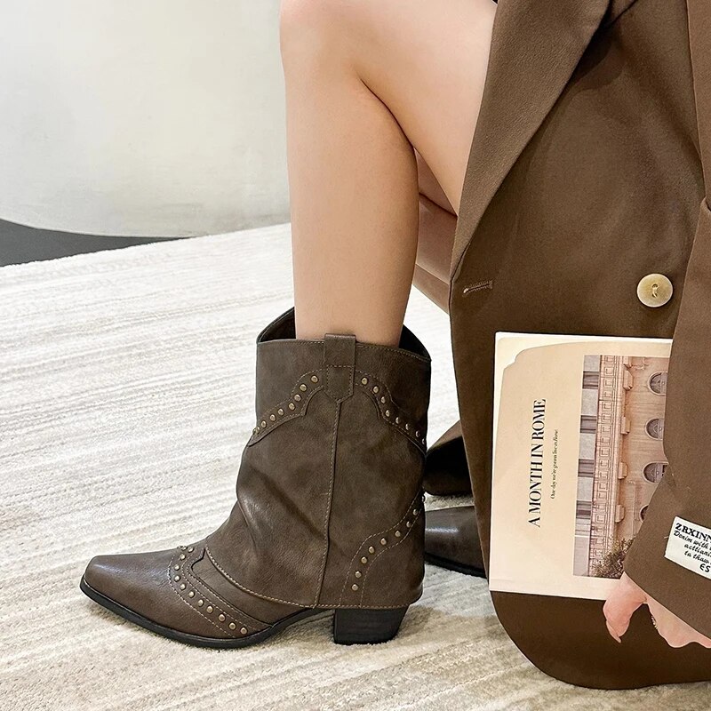 come4buy.com-Vintage Rivets Cowboy Booties PU Leather Boots for Women