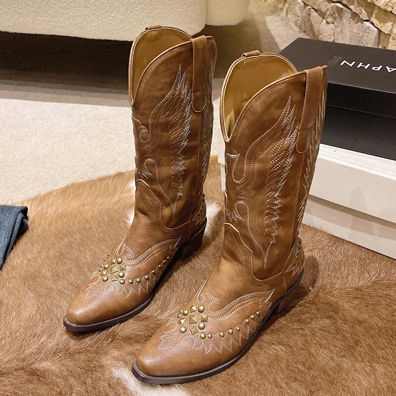 come4buy.com-Stylish Retro Rivet Cowboy Boots for Women Wide Mid Calf