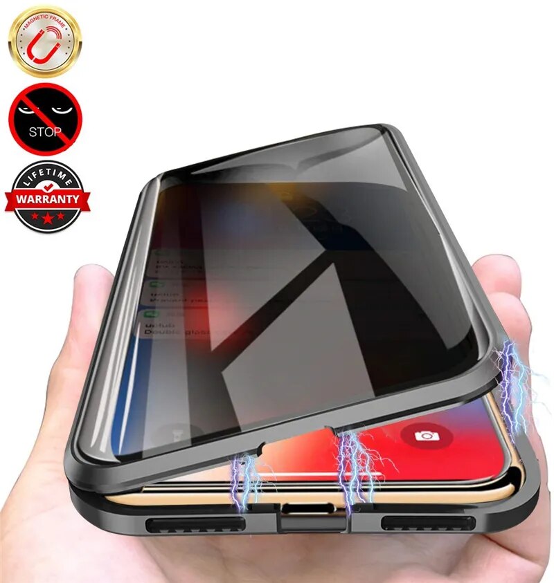 come4buy.com-Silver Anti Peeping Magnetic Double Privacy Metal Case for iPhone