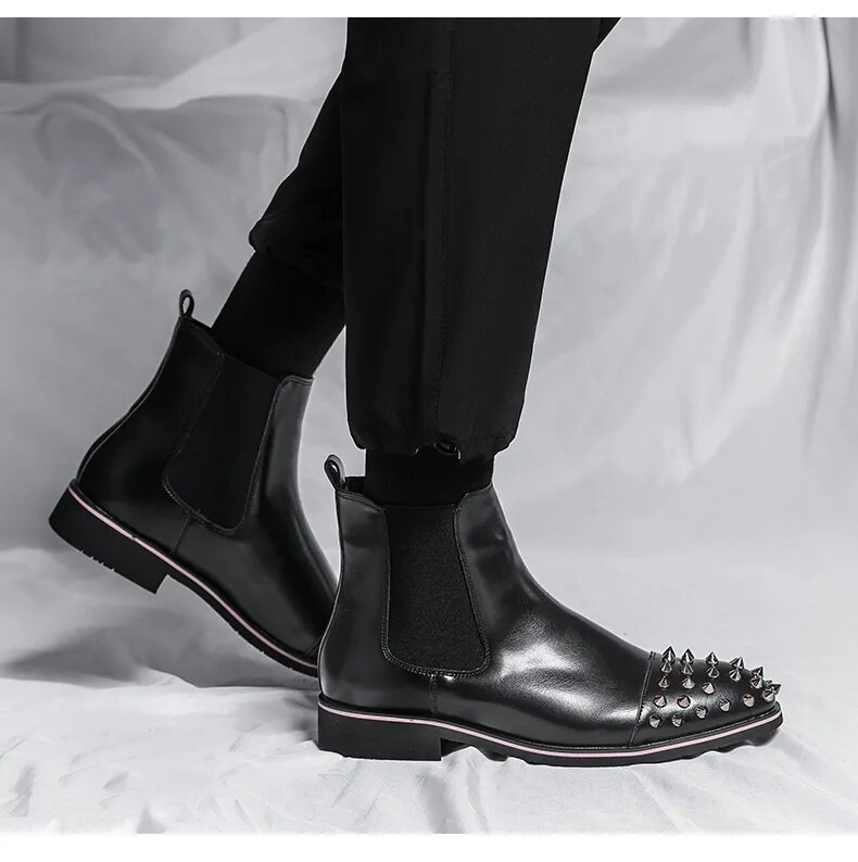 come4buy.com-Stylish and Non-Slip Black Chelsea Boots with Rivet Accents for Men