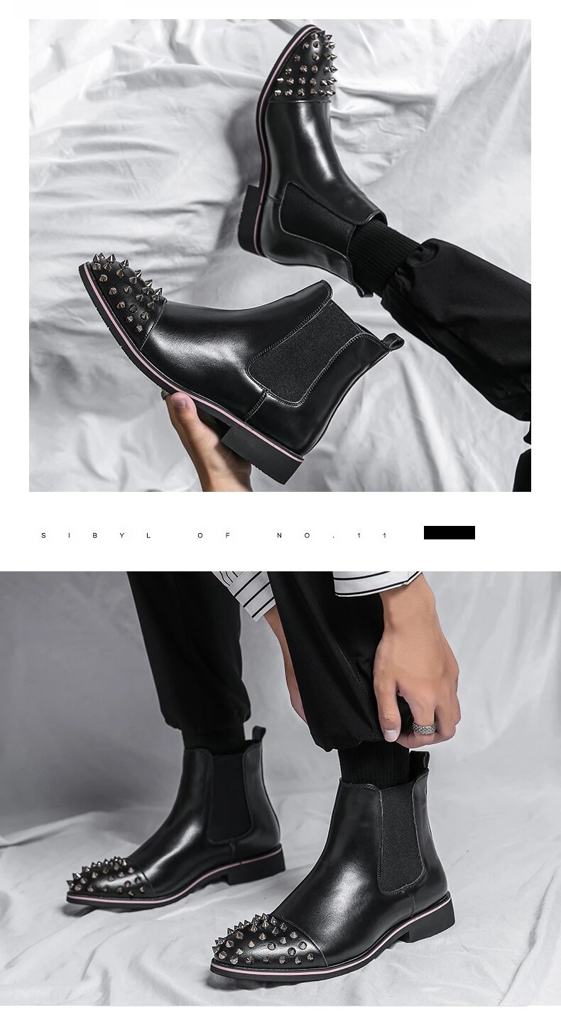 come4buy.com-Stylish and Non-Slip Black Chelsea Boots with Rivet Accents for Men